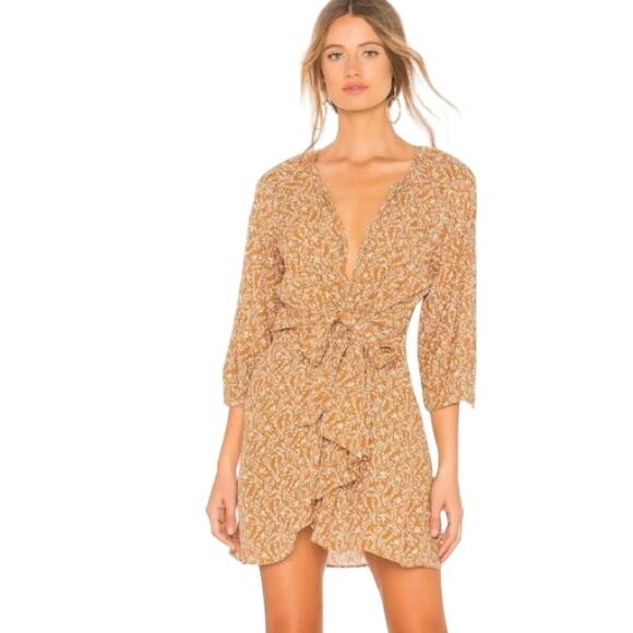Free People Clara Tunic Mini Dress Neutral Tan Floral Bohemain Wrap Size M - Picture 1 of 10